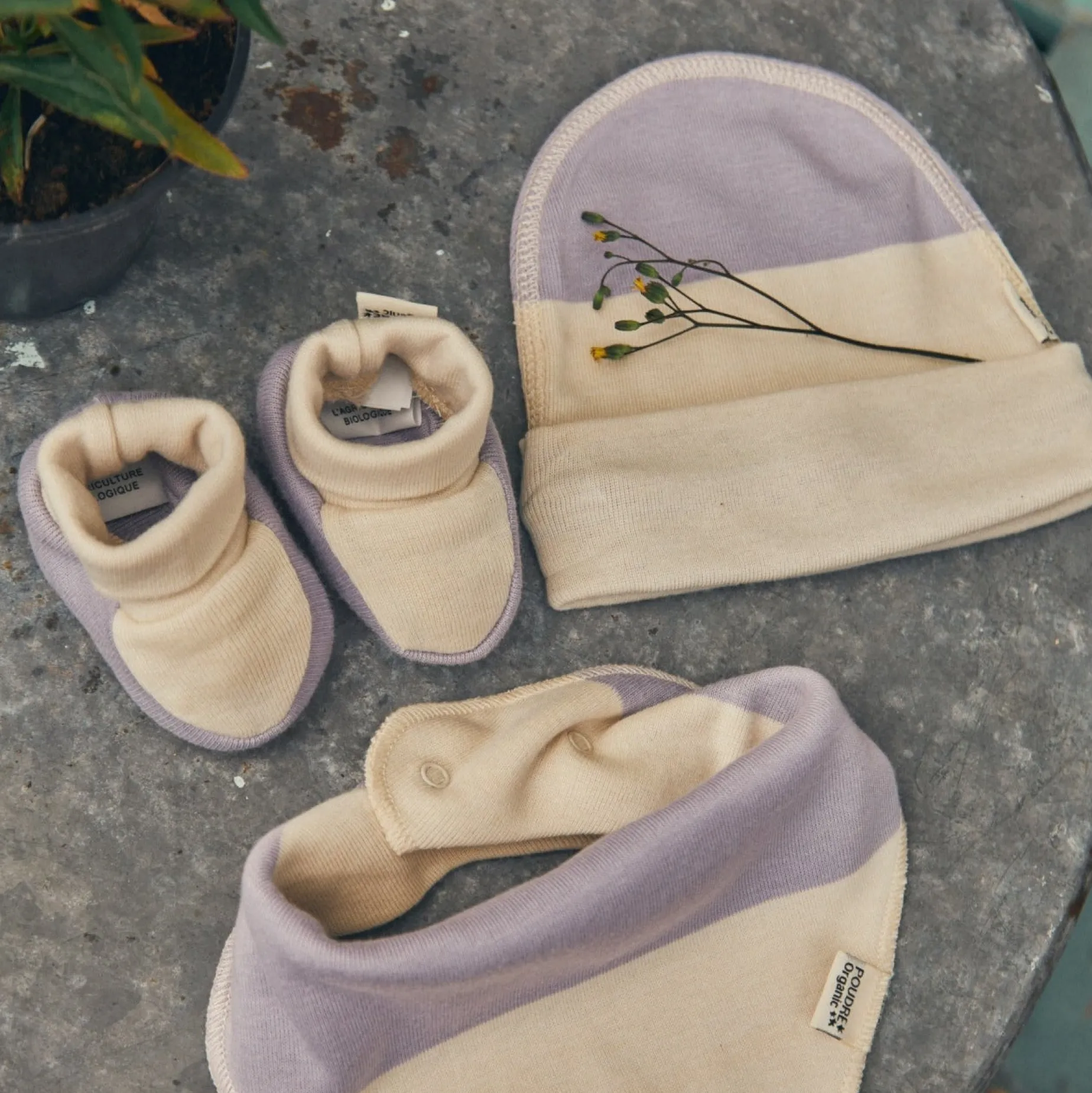 Poudre Organic Béguins, Bonnets Et Chapeaux | BONNET NAISSANCE LITCHI Rayures Lavender RayuresLavender